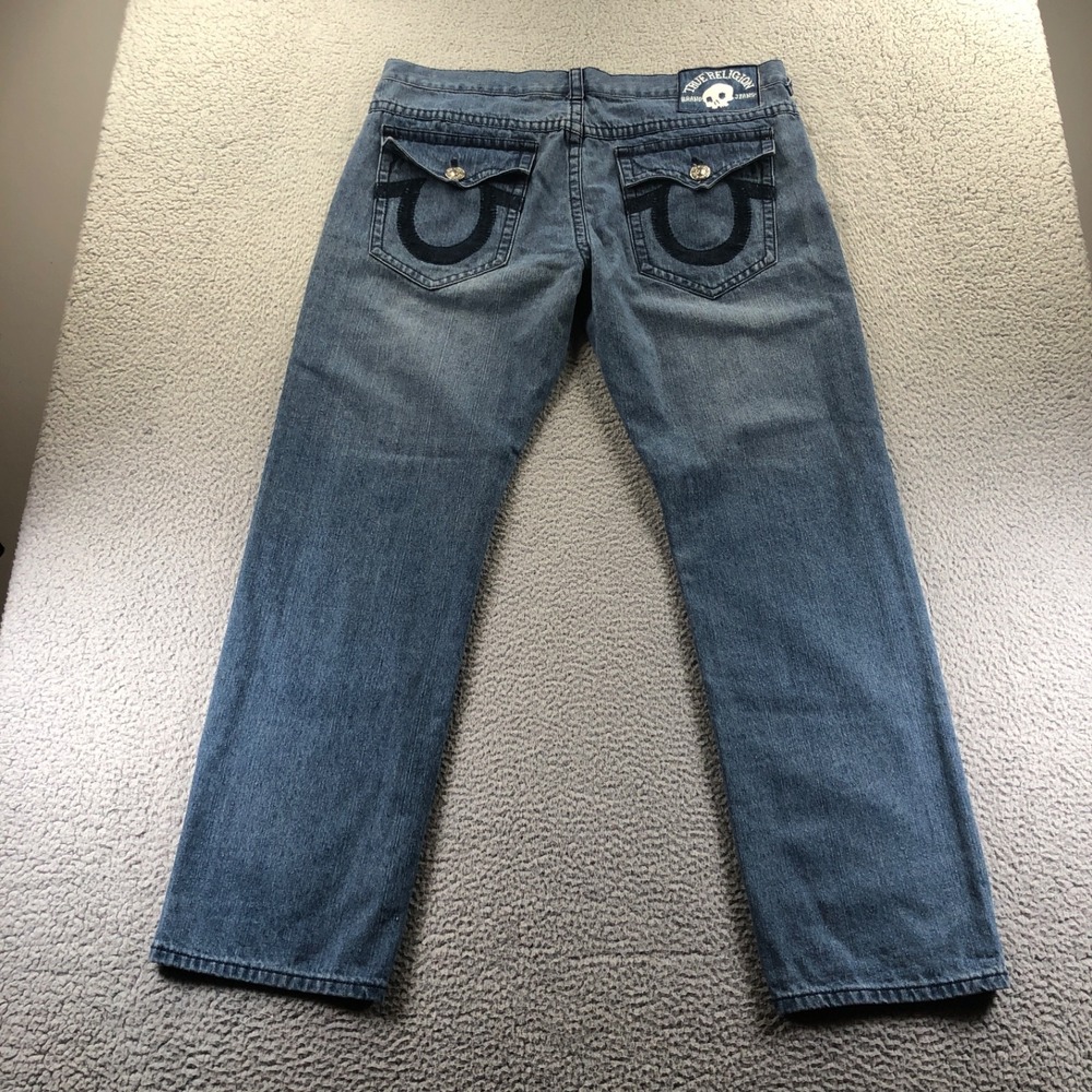 Vintage True Religion Jeans Mens 42x34 Blue Y2K Straight Skull Patch Made In USA - Picture 5 of 15